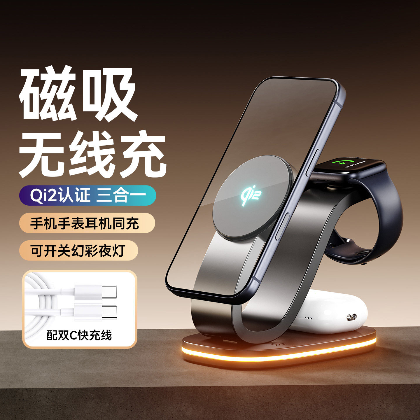 果儿电子Qi2三合一20W磁吸无线充电器支架兼容MagSafe适用苹果iPhone17promax手机airpods耳机iwatch手表底座