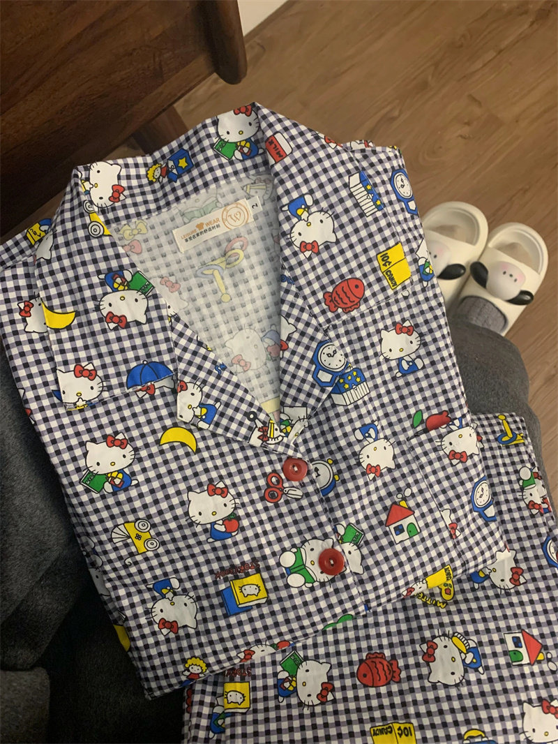 HELLOKITTY PAJAMAS SPRING AUTUMN WOMENS STUDENT LONG SLEEVE TROUSERS TWO-PIECE SET SWEET CUTE LADIES LOUNGEWEAR