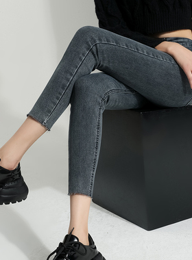 小个子8分毛边紧身小脚牛仔裤女2025秋冬加绒蓝灰色9分弹力铅笔裤