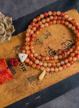 藏式文玩驼牛骨做旧回纹炸裂桶珠圆珠180颗蝌蚪纹关羽牌佛牌男士