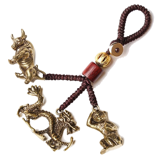 黄铜生肖鼠牛兔蛇羊猴鸡狗猪三六合本命年钥匙扣挂件龙马精神吊坠