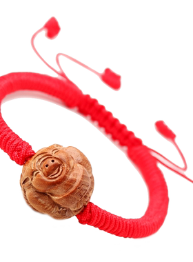 雕刻桃木紫珠吊坠毛衣链福猪