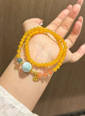 四季的祝福天然蜜蜡两圈手链显白搭配南红海纹石女款手串