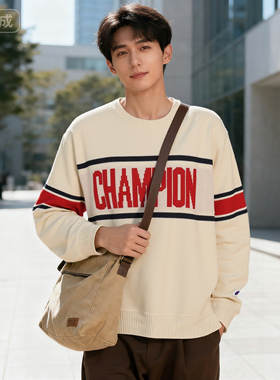 日版冠军正品潮牌CHAMPION字母撞色美式学院蓬松柔软保暖针织毛衣