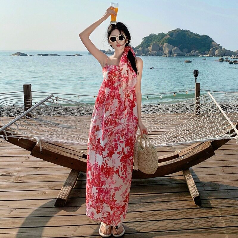 双层荷叶边抹胸小吊带女夏季印花长裙度假裙含头巾图片色针织面料