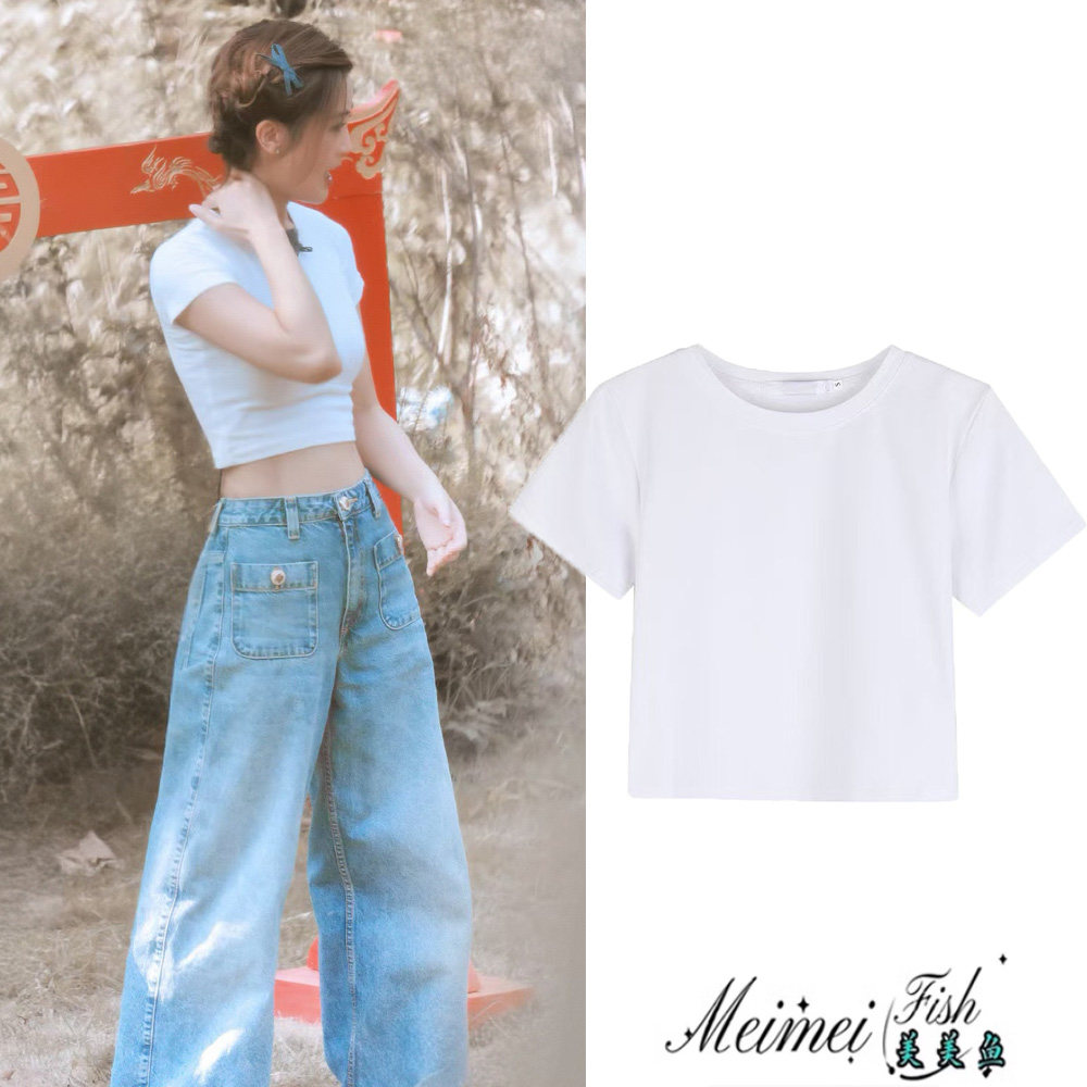 阿Sa同款白色露脐短袖T恤