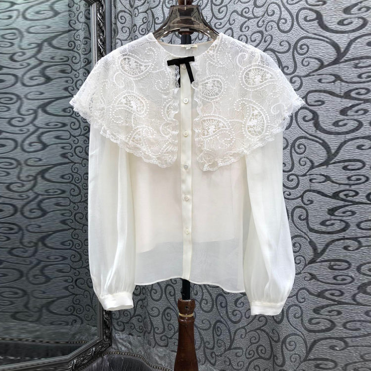 初溯2026早春新款欧货女装法式大蕾丝披肩领蝴蝶结单排扣长袖上衣
