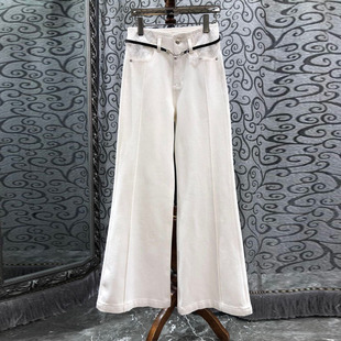 初溯家2025冬季新款欧货女装烫钻高腰加绒白色牛仔喇叭裤阔腿长裤