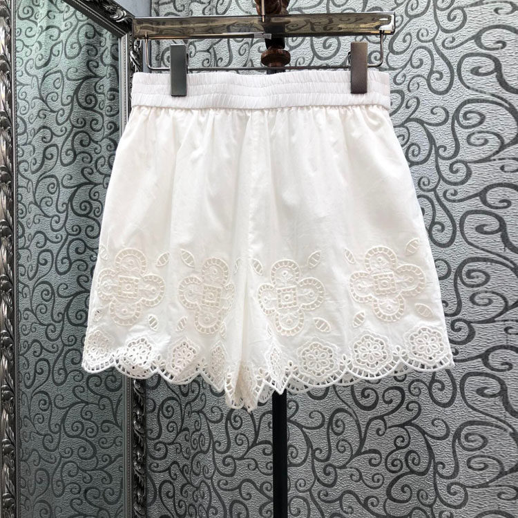 初溯家2026早春新款欧货女装镂空刺绣花朵松紧腰纯棉白色直筒短裤,女装/女士精品,短裤,淘宝优惠券,粉丝福利购,淘宝优惠卷