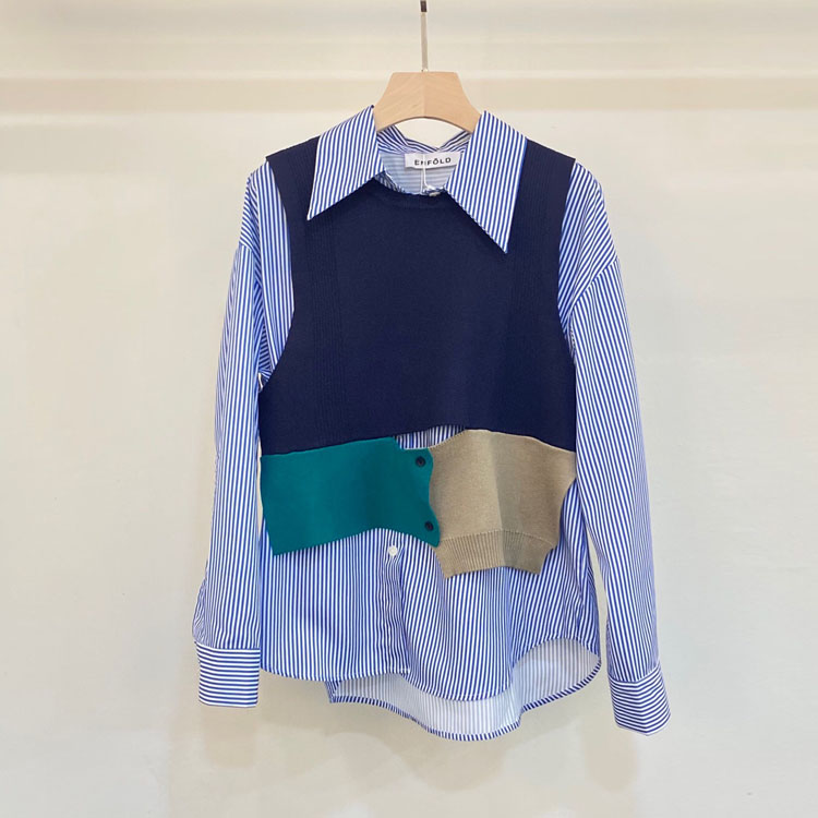 初溯2026早春新款欧货女装撞色针织马甲背心拼接条纹衬衫两件套