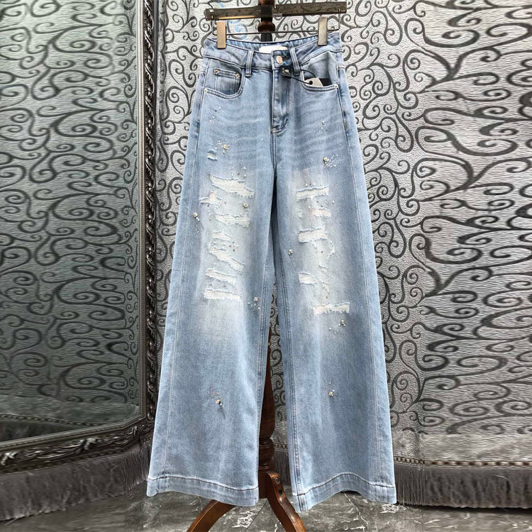 初溯家2026春季新款欧货女装烫钻磨破高腰直筒牛仔裤女浅色牛仔