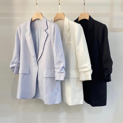 初溯2026春夏新款欧货轻熟简约风一粒扣七分袖天丝亚麻小西装外套