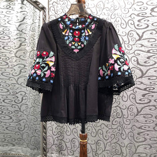 初溯2026夏季新款欧货民族风刺绣镂空衬衫女蕾丝花边短袖娃娃上衣