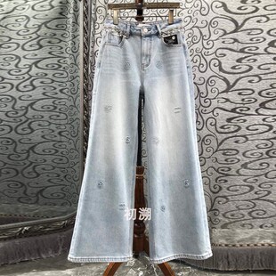 2025冬季新款欧货女装浅蓝色水洗磨白提花烫钻阔腿直筒加绒牛仔裤