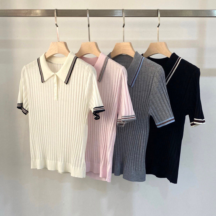 初溯家2025春夏新款欧货撞色条纹POLO领短袖针织衫女修身显瘦上衣