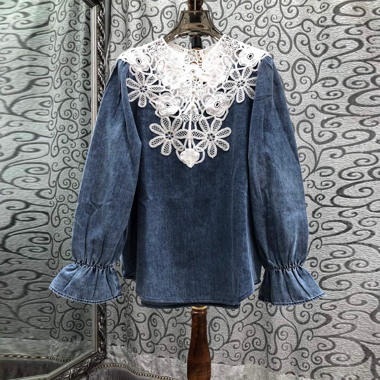 初溯家2026早春新款欧货女装刺绣水溶花朵拼接喇叭袖套头牛仔上衣,女装/女士精品,衬衫,淘宝优惠券,粉丝福利购,淘宝优惠卷