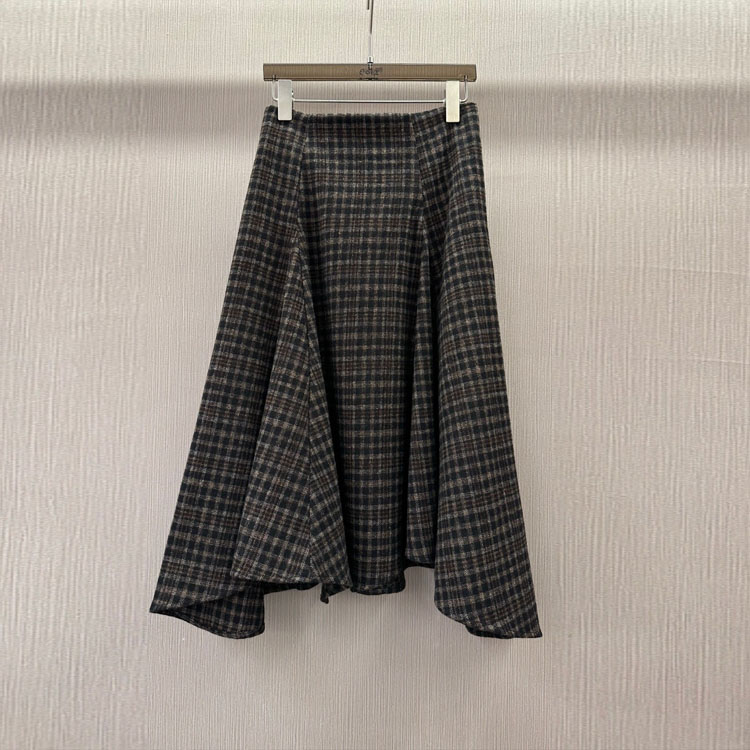 2025秋冬新款欧货女装经典格纹高腰A字毛呢质感半身裙不规则半裙