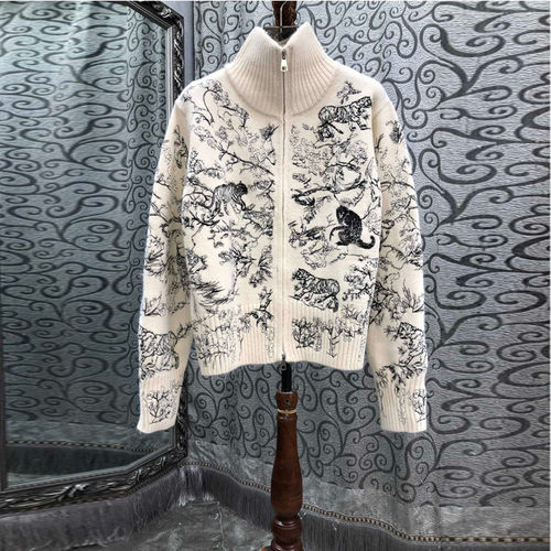 初溯2025秋冬新款欧货女装立领拉链提花羊毛针织开衫毛衣外套上衣