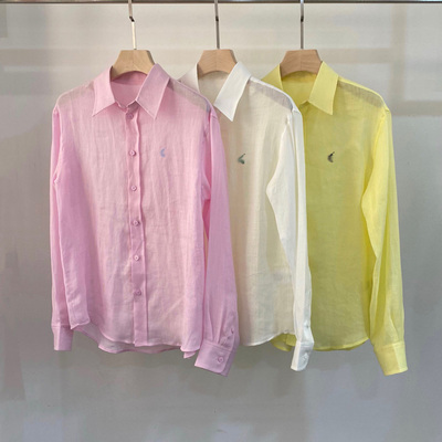 初溯2025早秋新品欧货女装刺绣小马翻领苎麻长袖休闲衬衫经典百搭