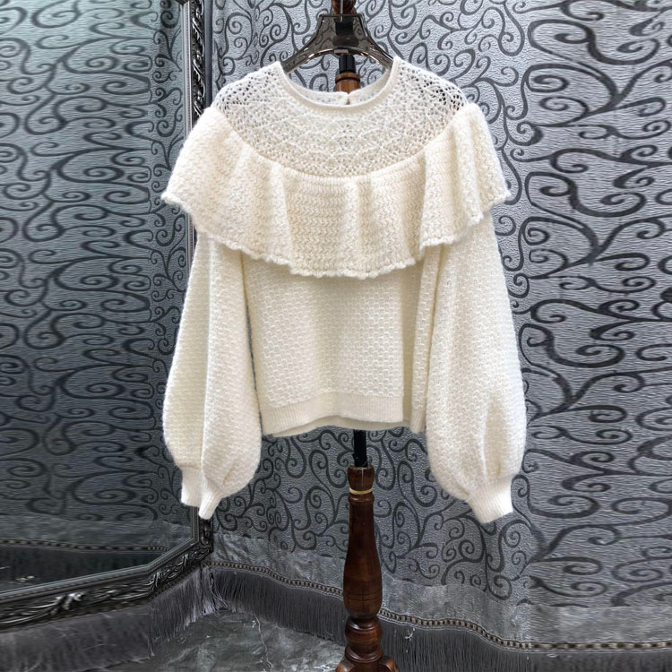 初溯家2026早春新款欧货女温柔荷叶边镂空针织衫圆领长袖百搭毛衣
