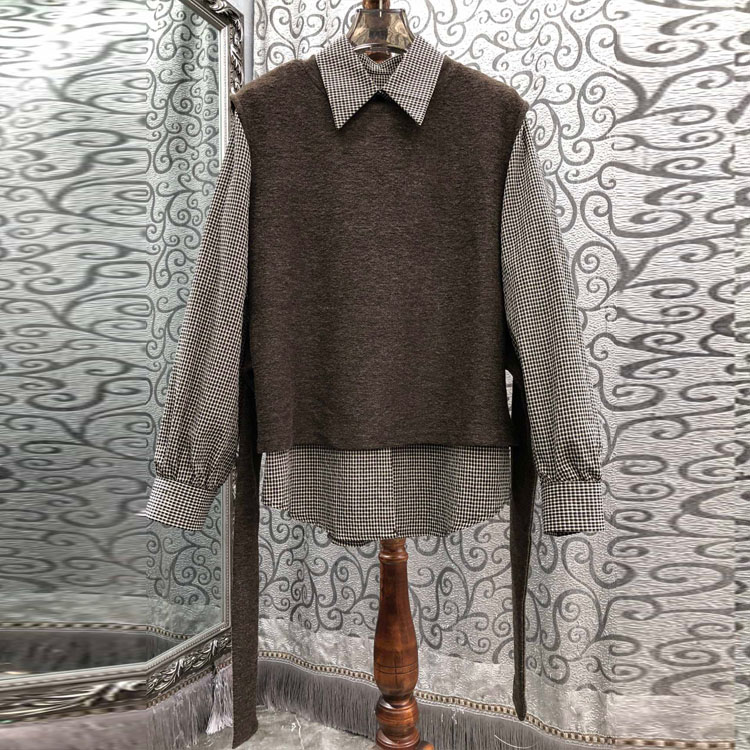 初溯2025秋季新品欧货女翻领格子衬衫拼接针织背心假两件长袖上衣