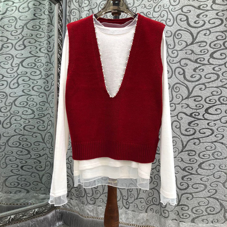 初溯家2026早春新款欧货女装珍珠边深V领针织马甲拼接假两件上衣