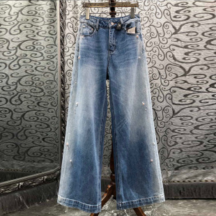 初溯家2026春季新款欧货女装牛仔裤水洗做旧高腰直筒阔腿拖地长裤