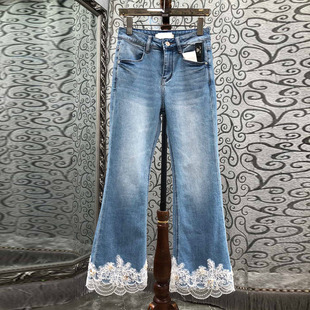 初溯家2026春季新款欧货钉珠蕾丝拼接微喇九分牛仔裤女小个子裤子