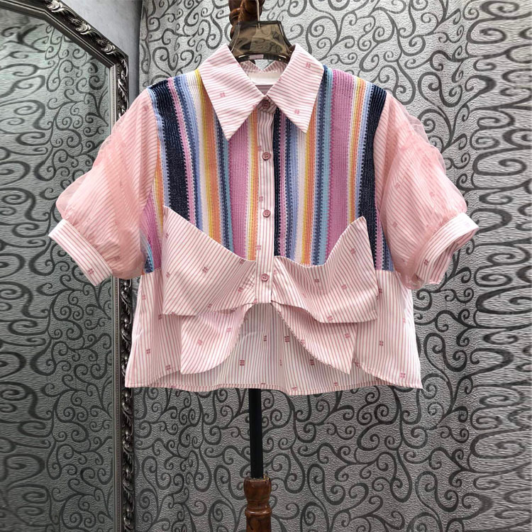 初溯2025夏季新品欧货女装撞色条纹翻领蝴蝶结短袖衬衫短款上衣