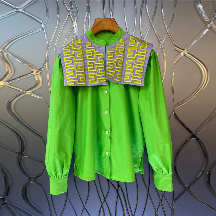 初溯家2022年春季新款欧货女装刺绣格纹披肩拼接单排扣长袖衬衫