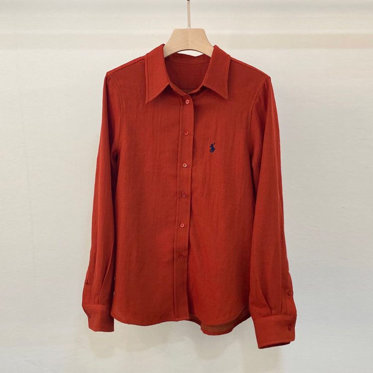 初溯家2026早春新款欧货女装刺绣小马翻领单排扣长袖羊毛衬衫上衣