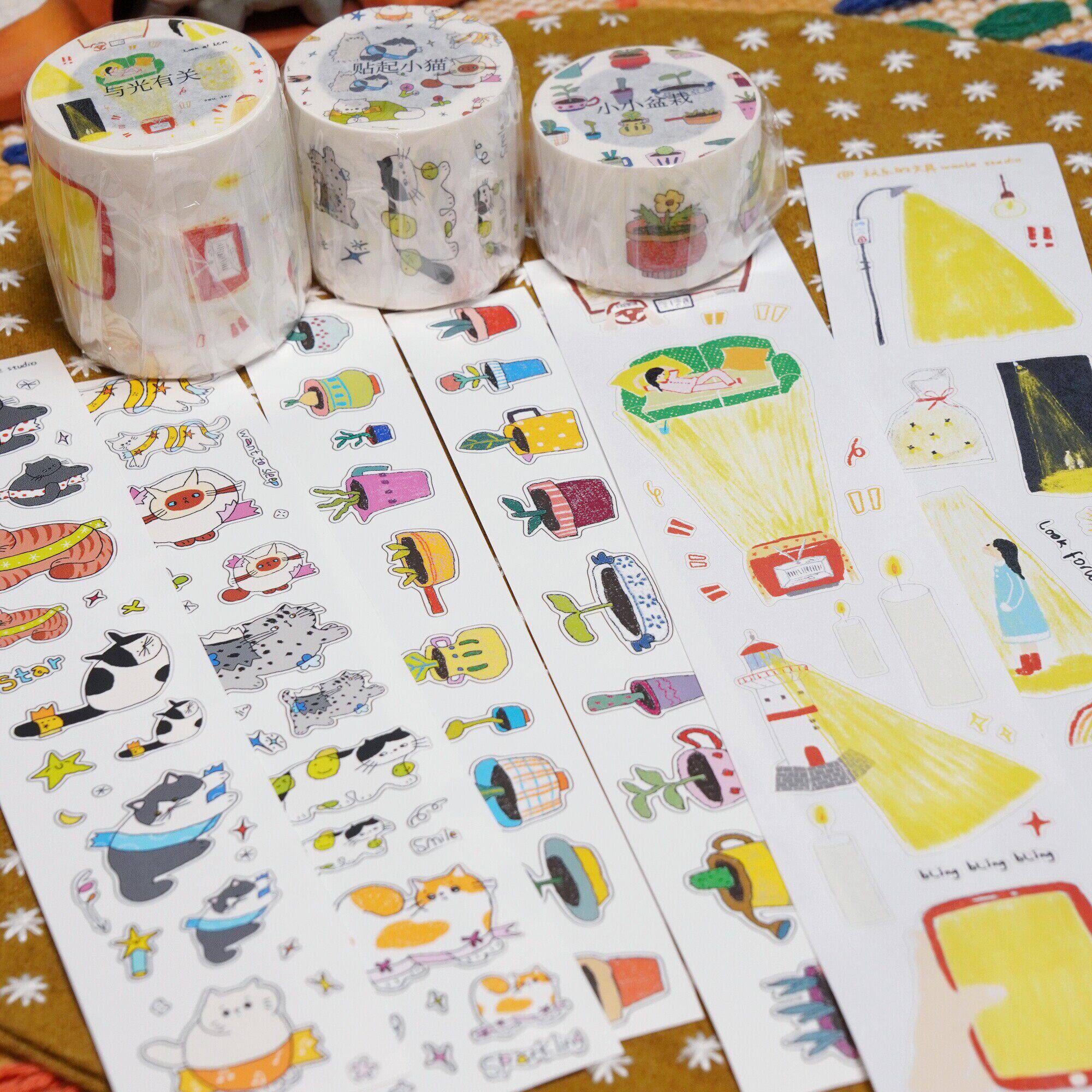 玩乐的文具【春季新品】手帐胶带/童趣/贴起小猫与光有关盆栽