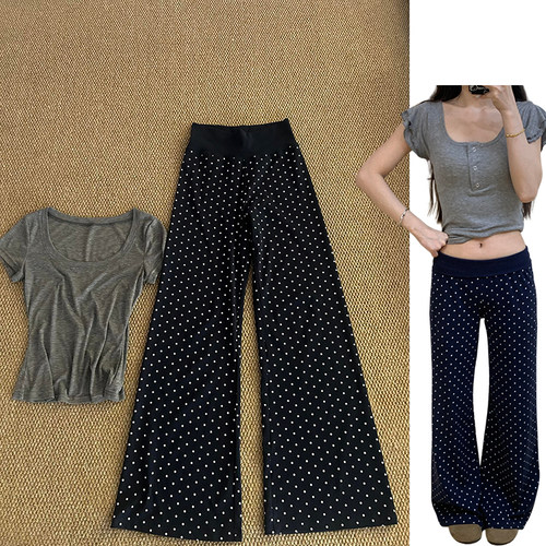 韩系松弛感波点微喇裤女夏季2026新款藏青色垂感显瘦翻腰瑜伽卫裤