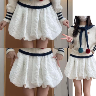 白色韩系菱格花苞短裤女春秋季2026新款高腰显瘦a字蓬蓬灯笼裙裤