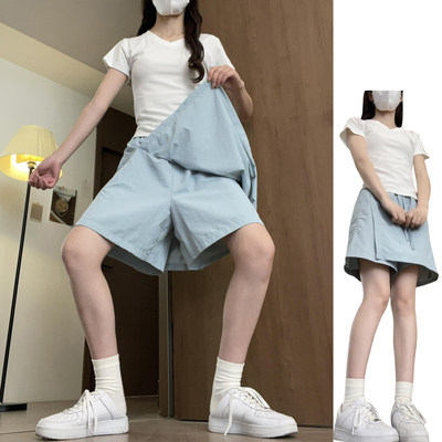 美式松弛感户外休闲拼接短裤女夏季2025新款宽松高腰开叉工装裙裤