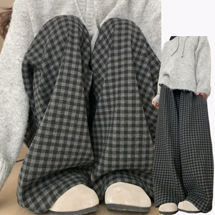 韩系慵懒风毛呢山本裤女秋冬季2025新款灰色棋盘格撞色百搭格子裤