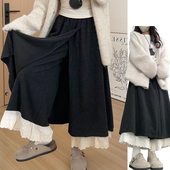 女秋冬季 2025新款 时尚 深灰色蕾丝花边休闲裤 小众高腰拼接阔腿裙裤