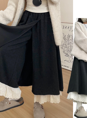 深灰色蕾丝花边休闲裤女秋冬季2025新款时尚小众高腰拼接阔腿裙裤