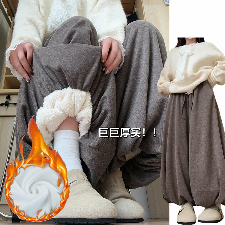 咖色针织软糯加绒糯米裙裤女秋冬2025新款加厚垂感显瘦休闲花苞裤