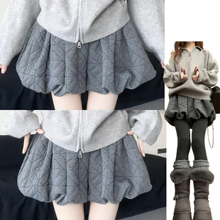 灰色菱格花苞裙裤女秋冬2026新款高腰显瘦灯笼裤辣妹外穿休闲裙裤