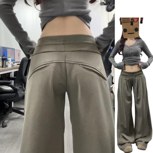 慵懒宽松中低腰阔腿卫裤 女春秋2026新款 慵懒军绿色抽绳运动裤 美式