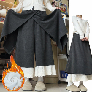 韩系小众假两件加绒拼接裙裤女秋冬2025新款加厚显瘦蕾丝花边裙裤