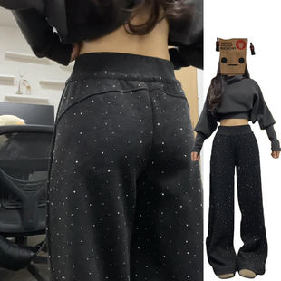 黑灰色复古烫钻爆闪星空裤女秋冬2026新款慵懒显瘦加绒加厚闪闪裤