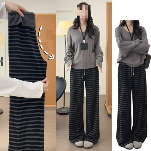 韩系松弛感拼接腰显瘦阔腿裤女早秋2026新款黑灰色慵懒宽松条纹裤