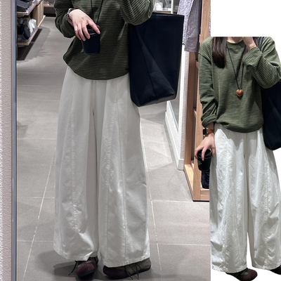 韩系简约白色弯刀卫裤女夏季2026新款显瘦宽松小个子高腰阔腿裤子