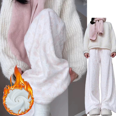 秋冬粉色加绒豹纹裤女2025新款显瘦宽松休闲裤针织加厚高腰糯米裤