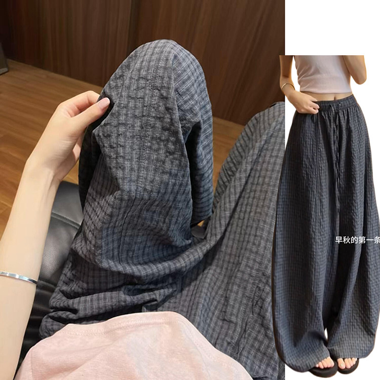 灰色小格纹撞色百搭阔腿裤女夏季2026新款宽松休闲显瘦高腰弯刀裤
