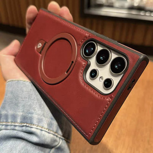 高端皮革适用三星S25ultra新款磁吸手机壳S24u高档商务男士s26u折叠支架s23u全包防摔s22+高级感女外壳保护套