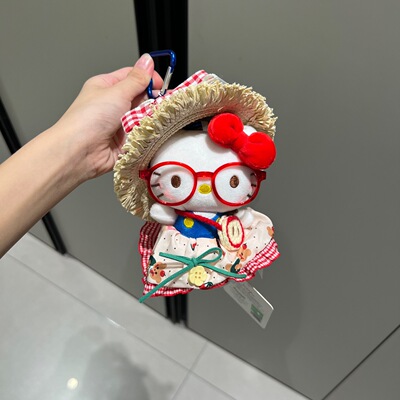 正版三丽鸥出游戴蝴蝶结草帽Kitty猫包挂件钥匙扣毛绒玩偶礼物
