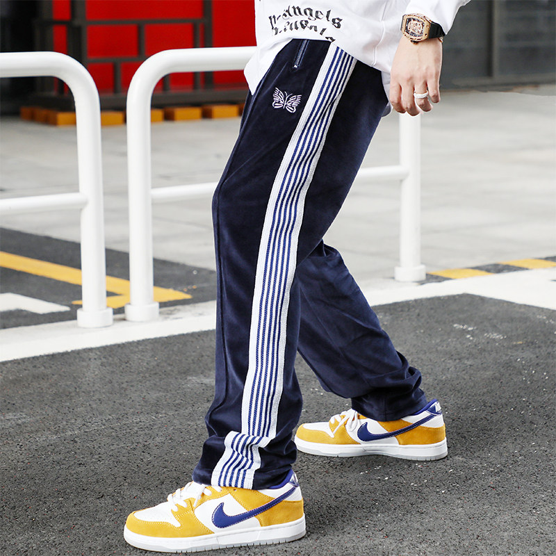 needles track蝴蝶裤天鹅绒刺绣长裤秋冬直筒休闲男裤宽松阔腿裤